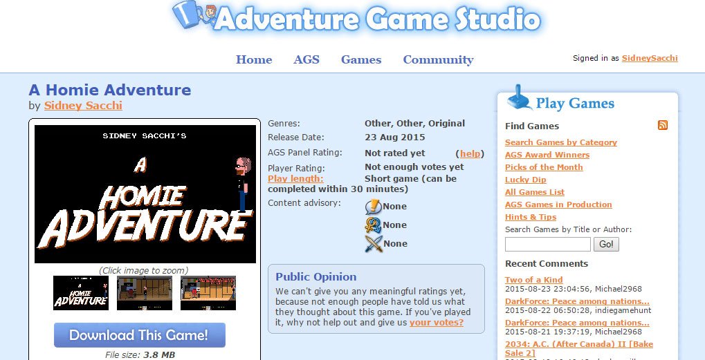 Schermata del gioco A homie adventure di Sidney Sacchi sul sito Adventure Game Studio